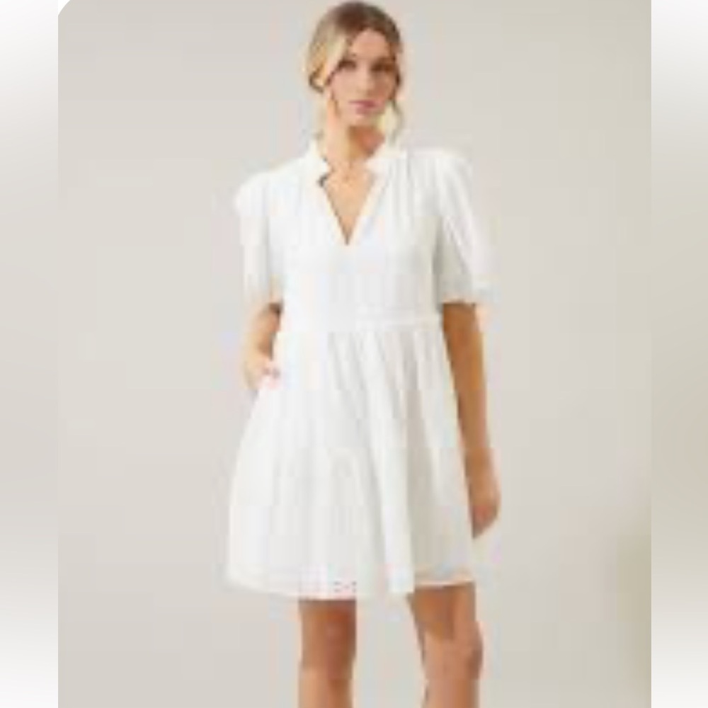 MSK Women's Babydoll Eyelet White V-Neck Tiered Short Sleeve Mini Dress. Size M. - Picture 4 of 5